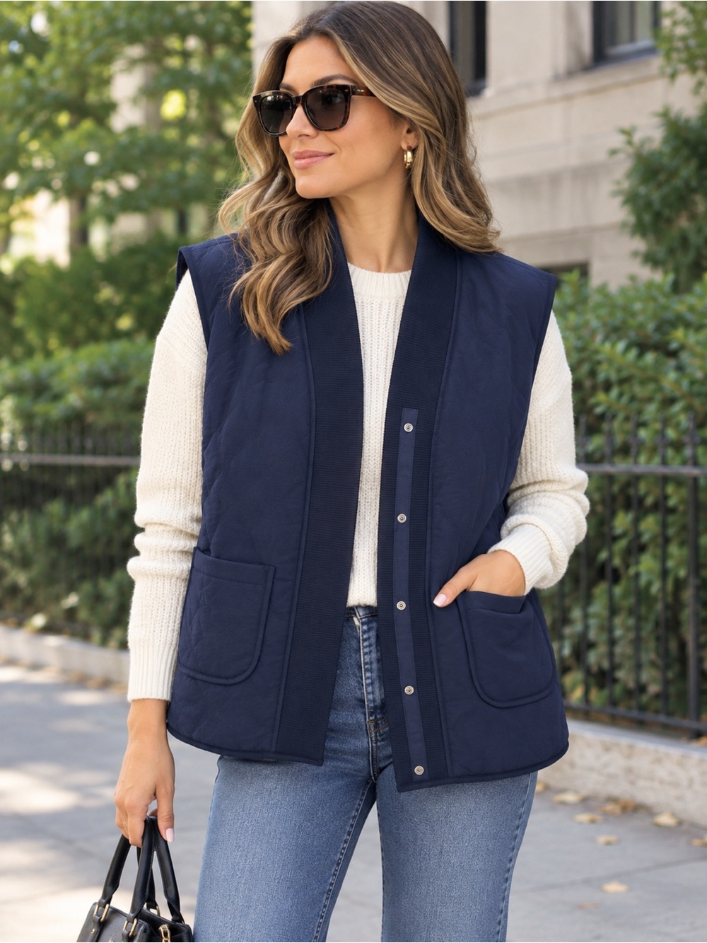 Westbound Reversible V-Neck Quilted Sherpa Snap Navy Vest